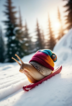 A snail in a winter hat rides or descends on a sled through the snow from the mountain against the background of Christmas trees. The concept of movement and full life, when even a slow sloth does itの素材