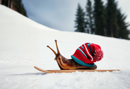 A snail in a winter hat rides or descends on a sled through the snow from the mountain against the background of Christmas trees. The concept of movement and full life, when even a slow sloth does itの素材