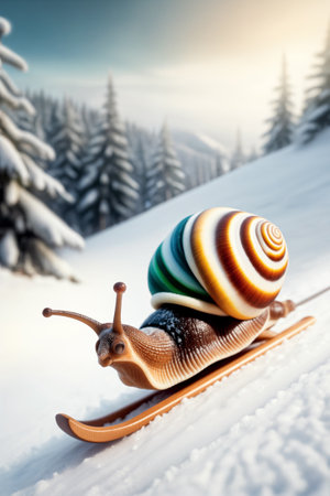 A snail rides or descends on a sled through the snow from the mountain against the background of Christmas trees. The concept of movement and full life, when even a slow sloth does itの素材
