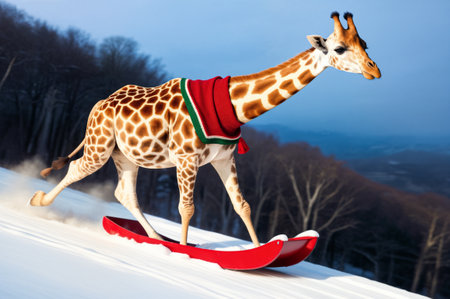Smiling giraffe having fun and snowboarding or sledding in the snow from the mountain on the background of Christmas trees. The concept of movement, fun, the ability to enjoy lifeの素材