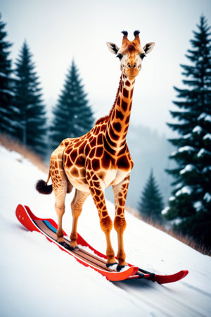 Smiling giraffe having fun and snowboarding or sledding in the snow from the mountain on the background of Christmas trees. The concept of movement, fun, the ability to enjoy lifeの素材