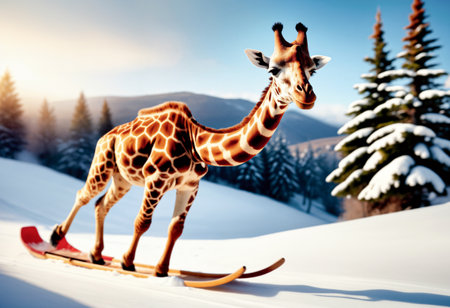 Smiling giraffe having fun and snowboarding or sledding in the snow from the mountain on the background of Christmas trees. The concept of movement, fun, the ability to enjoy lifeの素材