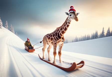 A smiling giraffe in a knitted winter hat is having fun and riding a snowboard or sled through the snow from the mountain. The concept of movement, fun, the ability to enjoy lifeの素材