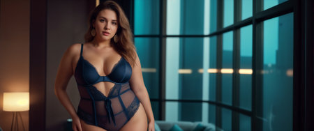 A woman stands confidently in tasteful lingerie, highlighting her curves while surrounded by large windows that reveal a stunning city skyline at dusk.の素材