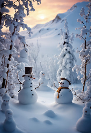 Two cheerful snowmen stand in a snowy landscape, surrounded by smaller snow figures, under a beautifully lit sky at sunset with frosty trees creating a magical winter atmosphere.の素材
