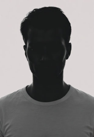 A man stands quietly in a white shirt, his figure reduced to a silhouette against a stark black and white background, evoking feelings of introspection and mystery in a minimalist context.の素材