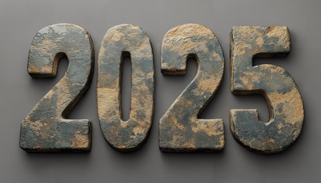 The decorative numbers for the New Year 2025 stand prominently, symbolizing a fresh start. This year is celebrated as the year of the wood snake in the Chinese zodiac.の素材