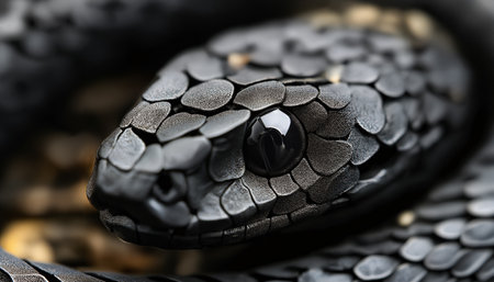 The black wood snake curls gracefully amidst green foliage, showing its distinctive scales and features. This close-up captures the essence of the Year of the Wood Snake for 2025.の素材
