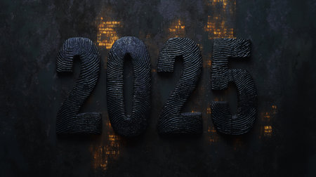 A stylized depiction of the year 2025 features bold, textured numbers illuminated against a dark background, symbolizing hope and new beginnings as the New Year approaches.の素材