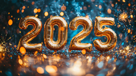 The scene is filled with shimmering golden foil balloons forming the numbers 2025, surrounded by bokeh lights and colorful sparkles, marking the celebration of a new year.の素材