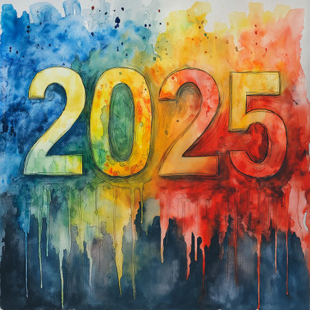 A vibrant display of colors marks the New Year 2025, featuring the bold numbers 2025. The background transitions from blue to red, illustrating joy and celebration for the new year.の素材