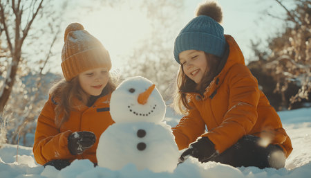 Two children dressed in bright jackets smile as they create a snowman on a sunny winter day. The snowy setting adds a joyful atmosphere to their playful activity.の素材
