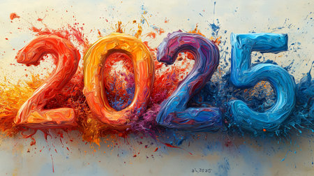 The year 2025 is artistically depicted with colorful numbers floating in a vibrant explosion of paint, symbolizing a festive New Year celebration filled with joy and optimism.の素材