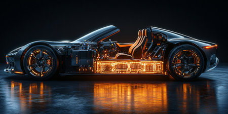 An electric car is actively charging at a designated electric vehicle station, highlighting its innovative internal components illuminated by soft lights, emphasizing the technology involved.の素材