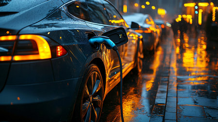 An electric car is charging at a station during a rainy evening, surrounded by glistening streets and city lights, illustrating modern urban transportation and sustainability.の素材