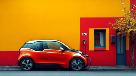 An electric car is plugged into a charging station nestled against a colorful wall in an urban setting. The bright atmosphere highlights the growing trend of sustainable transportation.の素材