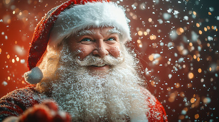 A cheerful Santa Claus with a thick white beard and a red suit smiles warmly. Snowflakes softly fall around him, creating a festive and joyful Christmas atmosphere that evokes holiday spirit.の素材