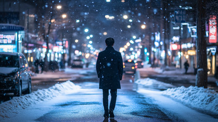A lone figure walks down a snow-covered street illuminated by streetlights, creating a peaceful winter atmosphere in Seoul during the festive season.の素材