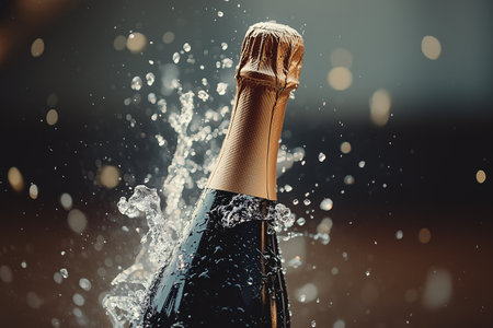 A champagne bottle is energetically popping its cork, releasing a burst of bubbles and sparkling droplets that create a lively atmosphere. The chaos captures the joy of celebration.の素材