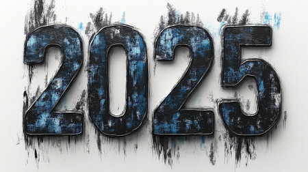 The artistic representation of the numbers 2025 showcases dynamic ink artistry against a textured background, symbolizing the excitement and renewal of the New Year celebration.の素材