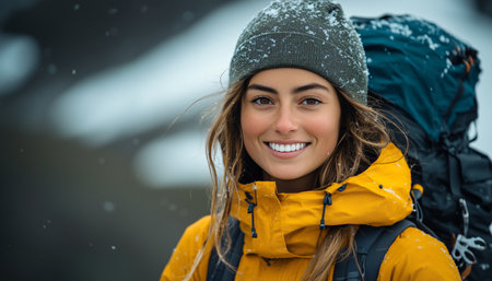 A cheerful woman in vibrant camping gear stands in a snowy landscape, with snowflakes setting on her hair and clothing, embodying the spirit of outdoor adventure.の素材