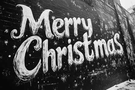 A vibrant mural featuring the phrase Merry Christmas in bold white lettering decorates a dark wall. The artwork captures the spirit of the holiday season, bringing joy to the atmosphere.の素材