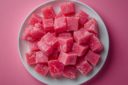 A white plate is filled with evenly cut pink meat cubes, showing their fresh and tender texture. The simplicity of the plate contrasts with the bright pink backdrop, appealing to meat lovers.の素材