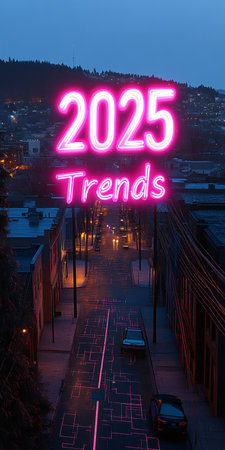 A city street is captured at night, illuminated by neon lights, featuring the bold text 2025 Trends. The atmosphere is futuristic, showcasing urban life and style trends for the coming year.の素材