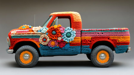 A unique pickup truck is completely covered in vibrant crochet patterns, adorned with colorful floral designs.の素材