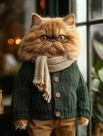 A tall, anthropomorphic Persian catman stands near a cafe window, wearing a cozy green sweater and a soft scarf. The warm afternoon light filters through the glass, creating a charming atmosphere.の素材