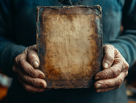Hands of a war veteran gently cradle a timeworn photograph, showing the texture of aged skin and the memories held within the frame. The atmosphere evokes nostalgia and history.の素材