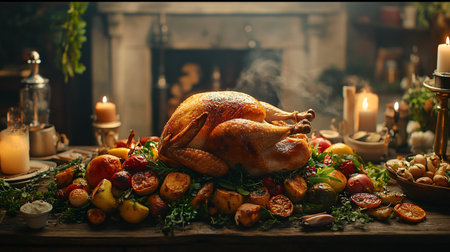 A beautifully styled table features a crispy roast chicken surrounded by an array of roasted vegetables and seasonal fruits. Soft candlelight adds warmth to the inviting setting.の素材