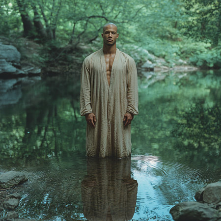 A man stands peacefully in shallow water, surrounded by verdant trees. The tranquil atmosphere reflects the beauty of nature and individuality. Sunlight filters through the leaves.の素材