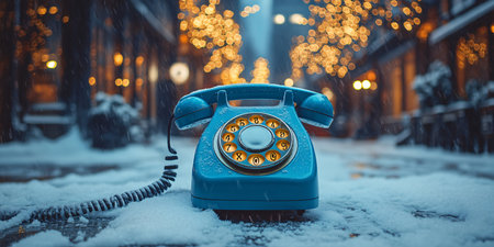 A vintage blue phone sits on a snowy street, surrounded by twinkling holiday lights and decorations. The atmosphere is cheerful as snowflakes fall gently, creating a magical Christmas vibe.の素材