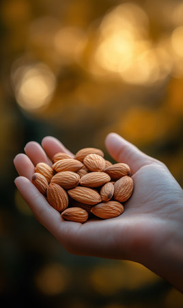 A persons hand holds a generous handful of almonds, showing their nutritious value. The setting suggests a warm atmosphere, possibly during a social gathering or picnic.の素材