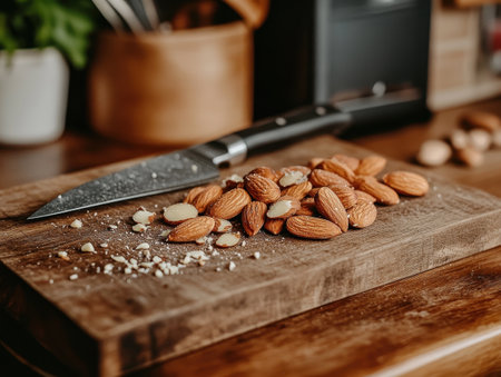 Almonds are scattered on a wooden cutting board next to a sharp knife, creating a warm and inviting atmosphere in a cozy kitchen. The scene captures the essence of culinary preparation.の素材