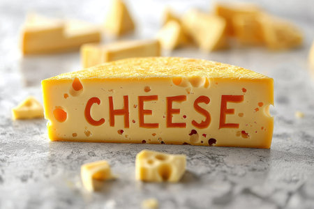 This delightful slab of cheese showcases the word cheese carved directly into it. It rests against a textured surface, partially surrounded by cheese bits, appealing to snack lovers.の素材
