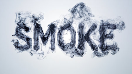 Wisps of dark smoke coalesce to create the word smoke against a plain white background, showcasing the fluid and ephemeral nature of the material as it drifts and disperses.の素材