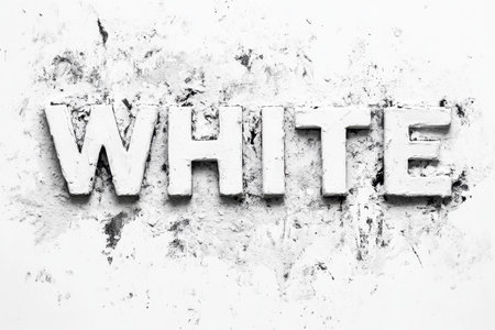 The word white stands out prominently, crafted from a solid material, with a rough, textured background. The simplicity emphasizes the color and form, evoking a sense of minimalism.の素材