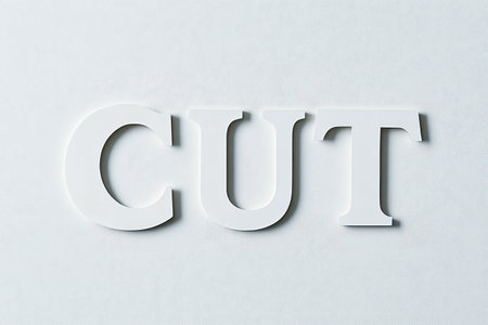 The cut word is carefully crafted from white paper, showing a smooth texture and soft shadows. Set against a neutral background, it highlights the artistry of paper design.の素材