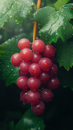 Clusters of fresh red grapes dangle from a branch of a grape bush, glistening with water droplets. The surrounding green leaves add to the vibrant and refreshing atmosphere in the garden.の素材