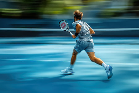 A tennis player moves swiftly across an empty blue court, racket raised high. The blurred motion highlights their speed and intensity as they prepare for a powerful shot.の素材