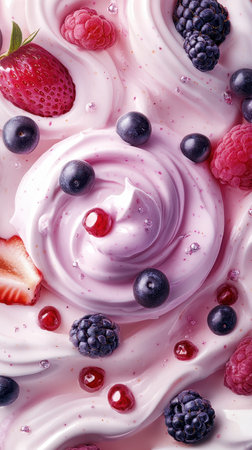 Vibrant yogurt swirls around an array of fresh fruits, including strawberries, blueberries, and raspberries, inviting dessert lovers to indulge in a flavorful treat.の素材