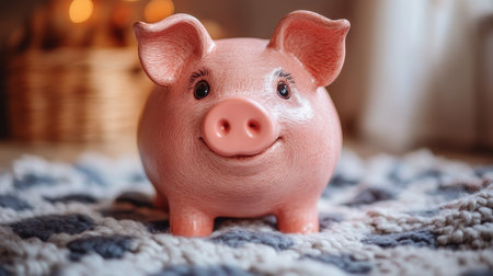 A delightful small pink piggy bank sits cheerfully on a textured surface in a warm indoor space. Its gentle smile and cute features add charm to any decor, inviting saving and joy.の素材