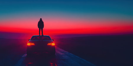 A man balances on the roof of his car with one foot raised, facing forward under a breathtaking twilight sky. The scene showcases vibrant blue and red hues along an empty road.の素材