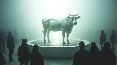 A cow stands on a circular exhibition stand illuminated by a bright spotlight. Surrounding the stand, a darkened audience watches attentively while a blurred crowd gathers in the background.の素材