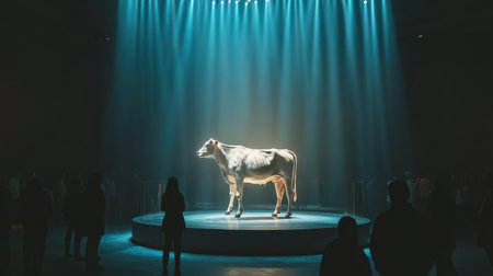 A cow stands proudly on a circular exhibition stand, illuminated by a bright spotlight. The surrounding audience stand remains dim, creating a striking contrast that enhances the atmosphere.の素材
