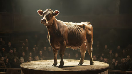 A cow stands confidently on a circular exhibition stand illuminated by a spotlight. The surrounding audience area is darkened, creating a stark contrast that highlights the animal.の素材