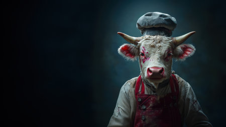 A figure with a vibrant purple-spotted cow head wears a chefs hat and bakers apron, standing in a studio. It holds baking items, with soft lighting enhancing its features against a blue background.の素材