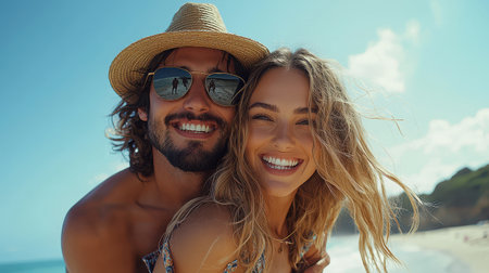 A cheerful young man carries his smiling girlfriend on his back at the beach. They bask in the sun, surrounded by a vibrant sky, embracing joy and love in their playful moment.の素材